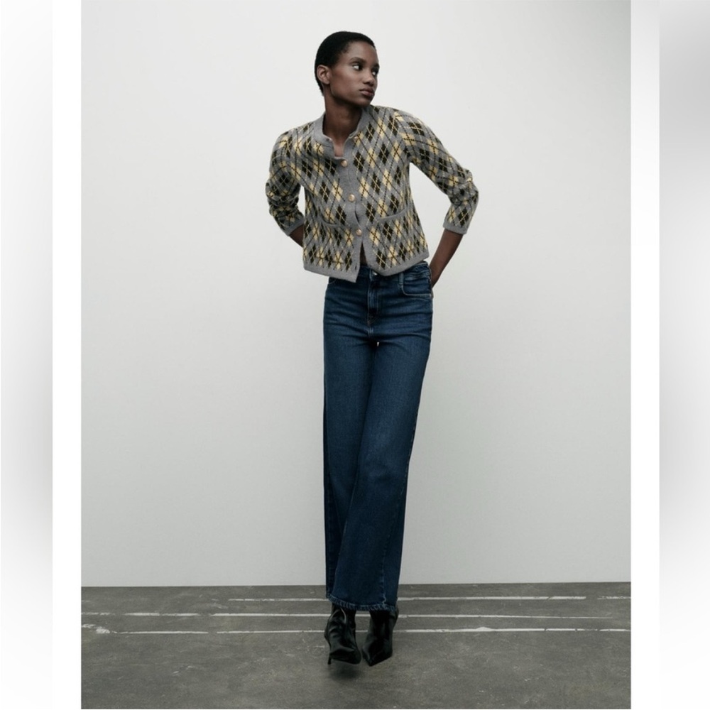 Zara Gray Argyle Cardigan with Yellow Accents